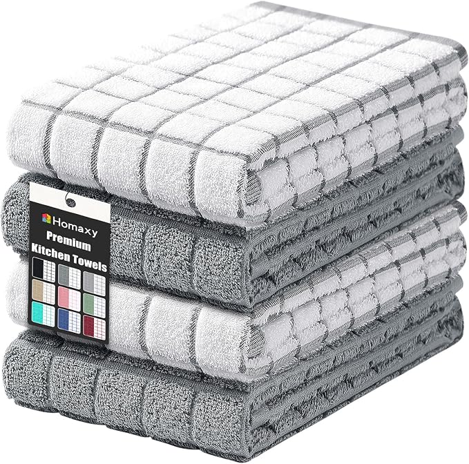 Homaxy Large Premium Cotton Kitchen Towels 16"x 28", 4 Pack, Grey | Natural Ring Spun 390 GSM Dish Towels, Super Absorbent Terry Kitchen Hand Towels, Soft Tea Towels with Hanging Loop