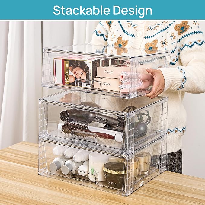 Vtopmart 4 Pack Large Clear Stackable Storage Drawers for Closet, Pantry | Easily Assemble Bathroom Closet Undersink Organizers,Plastic Bins for Cabinet,Kitchen Pantry,Medicine Organization