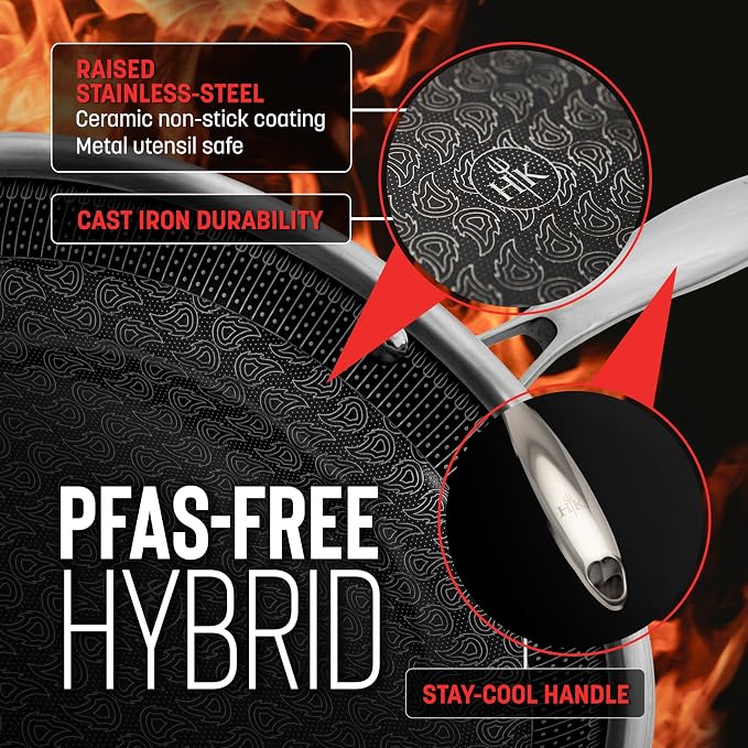 Hell's Kitchen 12-Inch Hybrid Wok, Tri-Clad Stainless Steel, PFAS-Free Ceramic Nonstick, no PFOA, no PTFE, no Teflon, Non-Toxic Cookware, Metal Utensil Safe, All Cooktops and Oven Safe