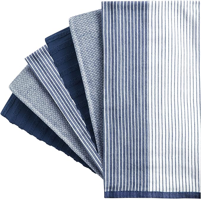 Premium Kitchen Towels 6 Pack 100% Cotton, 20"x28" Dish Towels - Navy Blue | Large Flat & Terry Kitchen Linen Set with Hanging Loops, Highly Absorbent for Washing and Drying Dishes