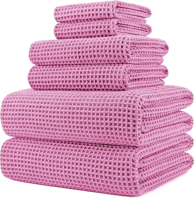 POLYTE 430 GSM Poly Blend Microfiber Quick Dry Waffle Bath Towel Set of 6 | 2-Body Towels, 2-Hand Towels, 2-Wash cloths, Oversize, Lint Free