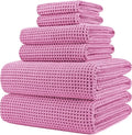 POLYTE 430 GSM Poly Blend Microfiber Quick Dry Waffle Bath Towel Set of 6 | 2-Body Towels, 2-Hand Towels, 2-Wash cloths, Oversize, Lint Free