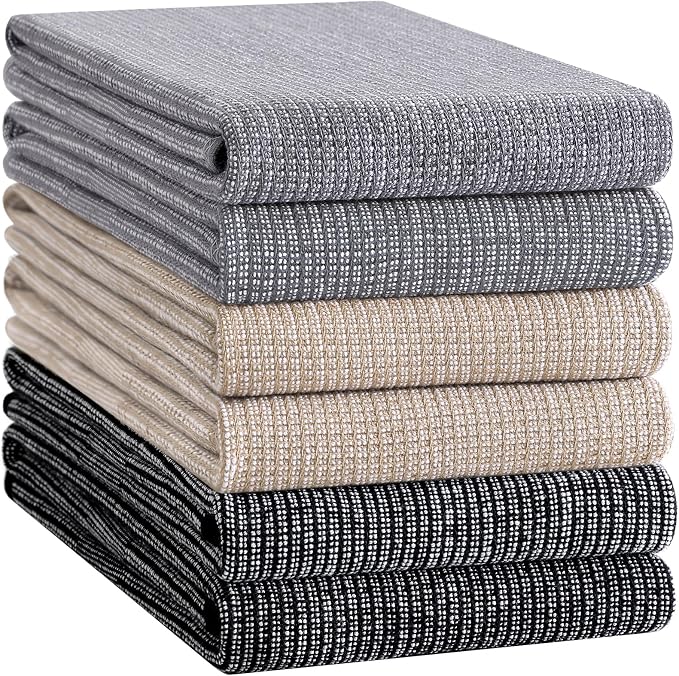 Homaxy 380 GSM Cotton Premium Kitchen Towels 6 Pack, 18"x 28", Mix | Flat and Terry Dish Towels, Highly Absorbent Tea Towel Set with Hanging Loop, Soft Kitchen Hand Towels, Grey/Khaki/Black