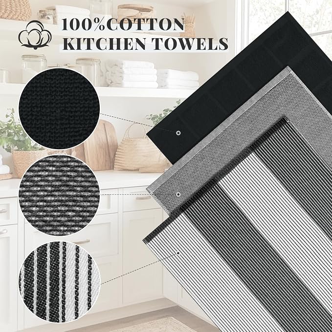 Homaxy 3 Pack Cotton Terry Premium Kitchen Towels, 18 x 28 in, Black | Large 380 GSM Dish Towels, Highly Absorben Flat & Terry Kitchen Hand Towels, Soft Utility Tea Towel Set with Hanging Loop