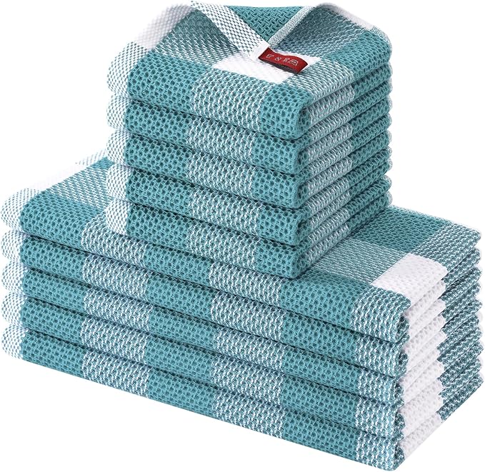 Homaxy Kitchen Towels and Dishcloths Set, Set of 10, White & Lake Blue | Bulk Cotton Waffle Weave Check Plaid Kitchen Towels, Super Soft and Absorbent Dish Cloths, 12 x 12 and 13 x 28 Inches