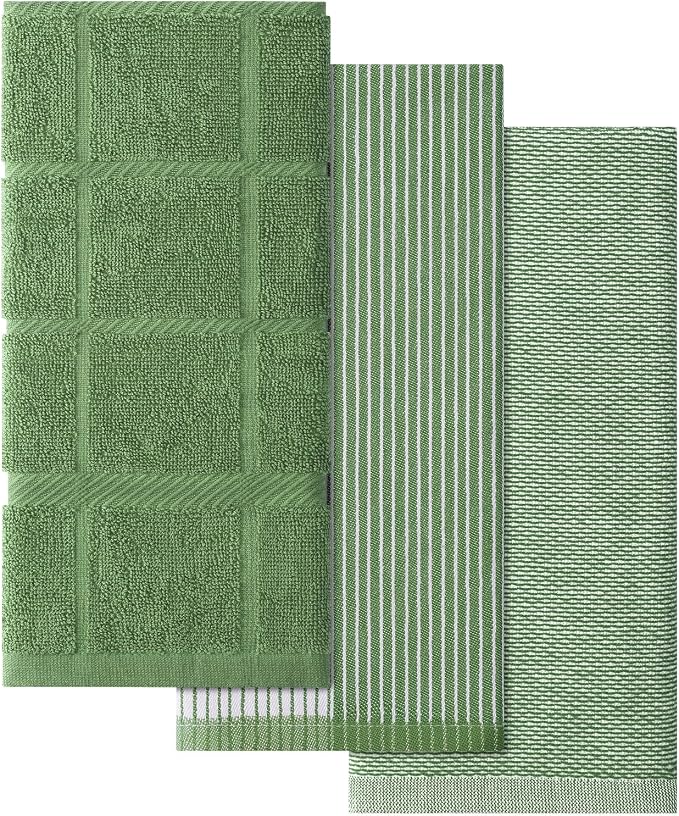 Homaxy 3 Pack Cotton Terry Premium Kitchen Towels, 18 x 28 in, Grass Green | Large 380 GSM Dish Towels, Highly Absorben Flat & Terry Kitchen Hand Towels, Soft Utility Tea Towel Set with Hanging Loop