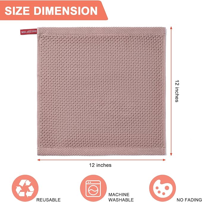 Kitchen Towels 6-Pack Kitchen Dish Cloths,100% Cotton,12x12 In,Brown ﻿ | Towels Waffle Weave,Ultra Soft Absorbent, Quick Drying