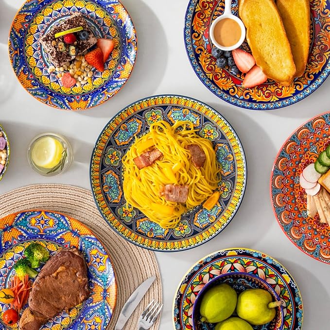 vancasso Colorful Dinner Plates Set of 6, 10.5 Inch Ceramic Kitchen Plates | Boho Dinner Plates Set, Bohemian Printed Dishes for Dining, Microwave & Dishwasher Safe Plate Set, Series KRVI