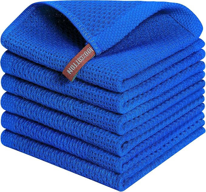 Kitinjoy 100% Cotton Waffle 6-Pack Kitchen Towels, 12" x 12", Blueberry | Ultra Absorbent, Super Soft, lightweight, Quick Drying Dish Rags for Washing Dishes