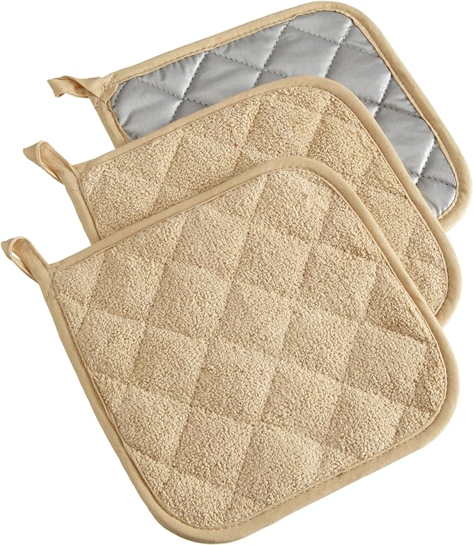 DII Basic Terry Collection Quilted 100% Cotton, Potholder, Pebble, 3 Piece