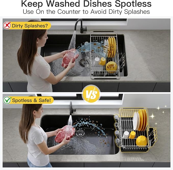 JASIWAY in Sink Dish Drying Rack with Drainboard and Utensil Holder | Use Over the Sink or Counter, Stainless Steel Expandable Dish Drainer for Small Kitchen, Space Saving, Fast Drain, Rustproof