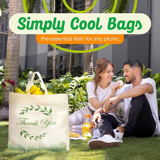 Simply Cool 50 Pack Reusable Thank You Grocery Bags Large Tote Bags Bulk | 14.5"x14"x6.6" Heavy Duty Non-woven Printed Shopping Bags with Handles, Foldable Washable for Groceries and Commercial use