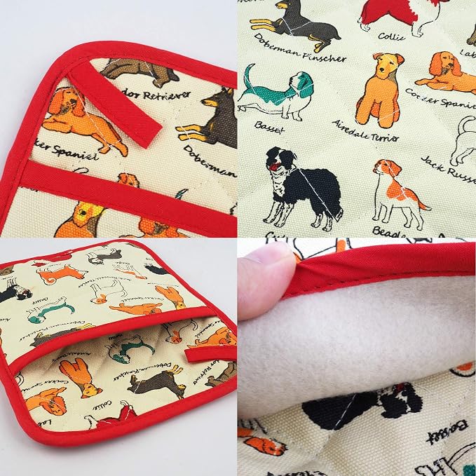 Pot Holders Set of 2 Heat Resistant 480℉ Kitchen 100% Cotton | Comfortable Lining Printing Dog Flower Women Men Home Cooking Baking Microwave BBQ Gift(Dog)