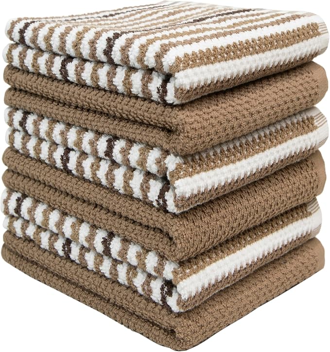 Bumble Kitchen Towels 6 Pack 100% Cotton 16"x26" - Tan Wide Stripe | 430 GSM Soft Kitchen Hand Towels with Hanging Loop, Highly Absorbent & Durable for Washing and Drying Dishes