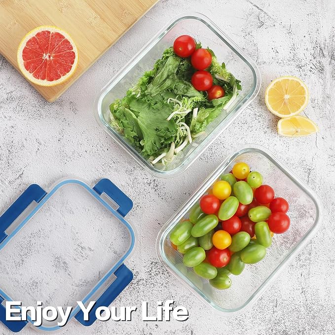 HOMBERKING 24pc Glass Food Storage Containers with Lids, Glass Meal Prep Containers, Airtight Bento Boxes, BPA Free & Leak Proof, Pantry Kitchen Storage(12 lids & 12 Containers) - Deep Blue