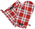 Encasa XO Oven Mitts and Pot Holders Set, Heat Resistant Cotton | Franca Red Checks, Diamond Quilted | Non-Slip Grip | Microwave & Oven Safe | Hanging Loop | Machine Washable | Set of 2