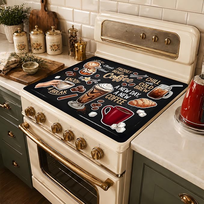Coffee Stove Top Cover 28.3 x 20.5 Inch, Vintage Coffee Cup Glass Cooktop Protector Mat, Latte and Cold Brew Electric Range Cover for Kitchen Counter Coffee Bar Decor(Classic snacks)