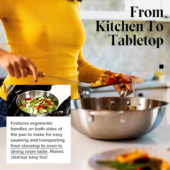 Willow & Everett Stainless Steel Flat Bottom Wok Pan, Professional Traditional Stir Fry Cookware w/Domed Lid & Spatula, Low Maintenance Rust & Scratch Resistant for Induction Gas Electric Stove Top