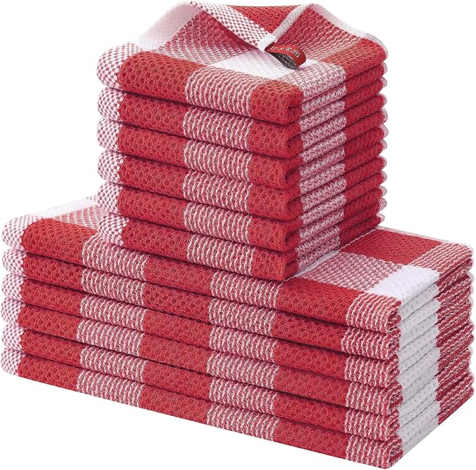 Homaxy Kitchen Towels and Dishcloths Set, Set of 12, White & Red | Bulk Cotton Waffle Weave Check Plaid Kitchen Towels, Super Soft and Absorbent Dish Cloths, 12 x 12 and 13 x 28 Inches