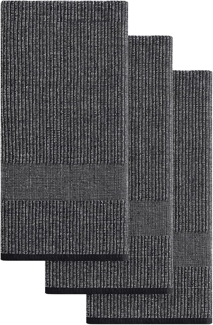 Mordimy Premium Large Cotton Kitchen Towels (18"x 28", 3 Pack), Black | 100% Ring Spun Cotton, Super Absorbent, 380 GSM, Flat & Terry, Soft, Hanging Loop Dish Towels