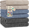 Mordimy Cotton Kitchen Towels (18"x 28", 6 Pack), Navy Blue/Khaki/Black | 100% Ring Spun Cotton, Super Absorbent, 380 GSM, Flat & Terry, Soft, Hanging Loop Dish Towels