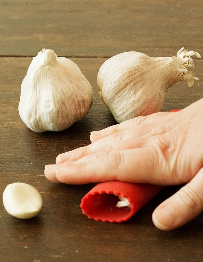 Set of 2 Red Garlic Peeler Silicone Tube Rollers - Easy Roll Garlic Skin Remover - Sturdy Thick Odor Free - Peels Multiple Cloves of Garlic in Seconds - Cestari Kitchen Garlic Peelers are BPA Free