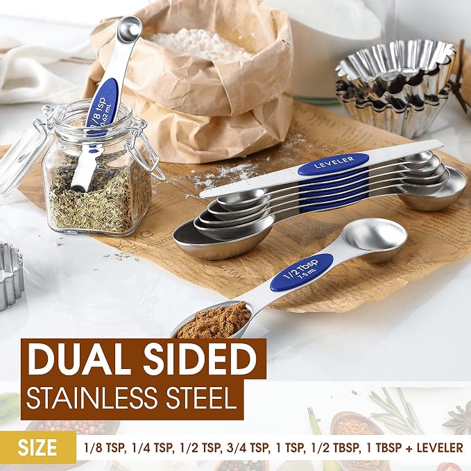 Spring Chef 8 Magnetic Measuring Spoons Set for Baking & Cooking, Sapphire | Stainless Steel Teaspoon & Tablespoon Measuring Spoons with Leveler for Dry & Liquid Ingredients, Dual Sided, Dishwasher Safe
