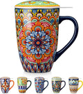 vancasso Ceramic Tea Mug with Infuser and Lid, 18 Ounce Bohemian Loose Leaf Cup, Microwave & Dishwasher Safe, Perfect for Tea, Coffee, Burnt-Cobalt Mandala