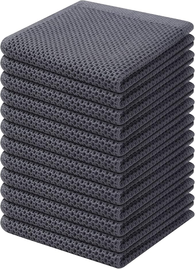 Kitinjoy 100% Cotton Waffle 12-Pack Kitchen Towels, 12" x 12", Dark Grey | Ultra Absorbent, Super Soft, lightweight, Quick Drying Dish Rags for Washing Dishes