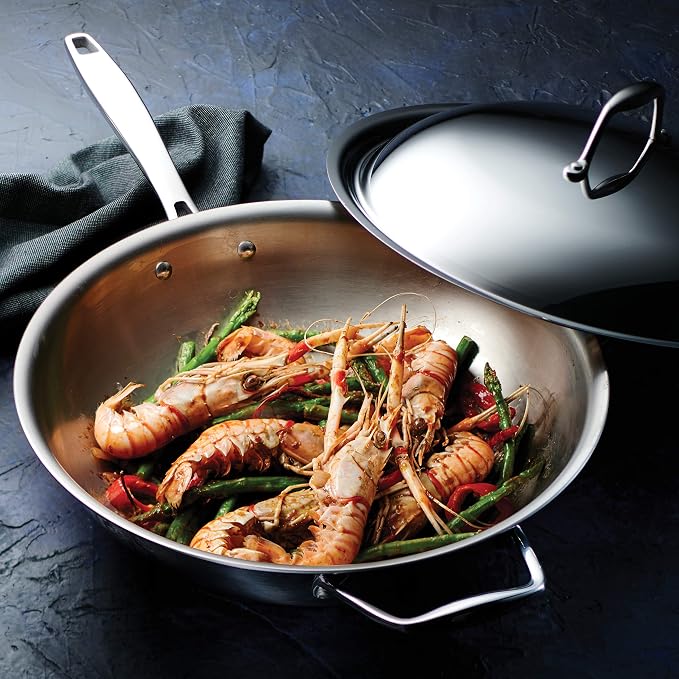 Tramontina Signature Tri-Ply Clad Stainless Steel 12.5-Inch Wok with lid | Induction-Ready, Dishwasher-Safe, NSF-Certified, Made in Brazil