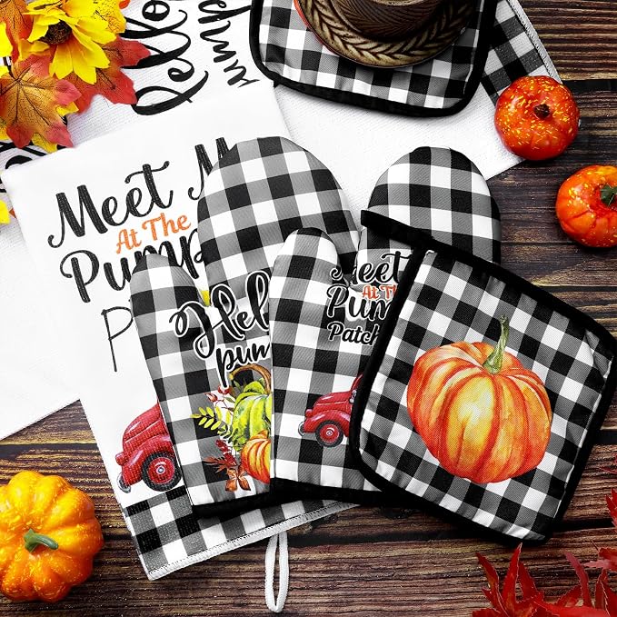Leinuosen 6 Pack Fall Thanksgiving Kitchen Set with 2 Hello Pumpkin Dish Towels, 2 Buffalo Plaid Pot Holders and 2 Car Oven Mitts for Gifting, Baking, and Cooking Accessories