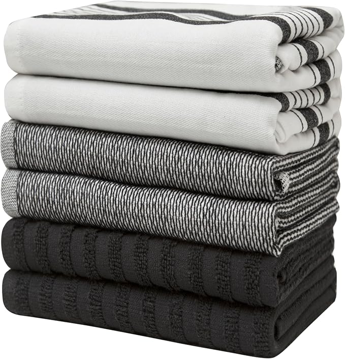 Premium Kitchen Towels 6 Pack 100% Cotton 20"x28" Dish Towels Black Striped | Large Flat & Terry Kitchen Linen Set with Hanging Loops, Highly Absorbent for Washing and Drying Dishes