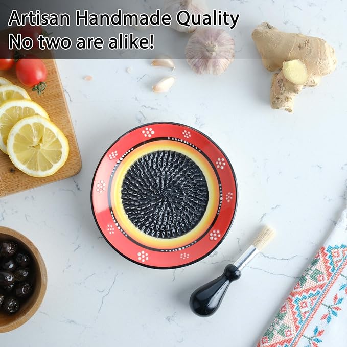 Ceramic Grater Plate Set – Handmade 4-Piece Press & Natural Grinder for Garlic, Ginger, Cheese & Spices – Decorative Hand Dish (Black/Orange)