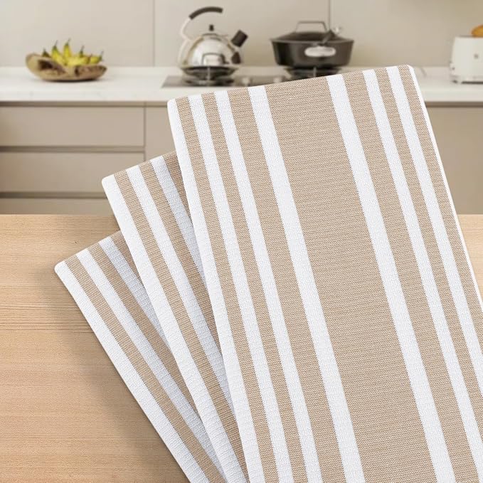 Homaxy Premium Cotton Stripe Kitchen Towels 6 Pack, 18"x 28", Khaki | Large 380 GSM Kitchen Hand Towels, Soft Terry Dish Towels, Highly Absorbent Tea Towel Set with Hanging Loop