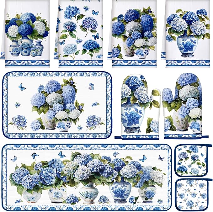 Fanfanwin 10 Pcs Chinoiserie Blue White Hydrangea Kitchen Decor Set Blue and White Chinese Floral Dish Towels Rugs Oven Mitts Pot Holders for Cooking Baking Mom Gift Home Hydrangea Decor