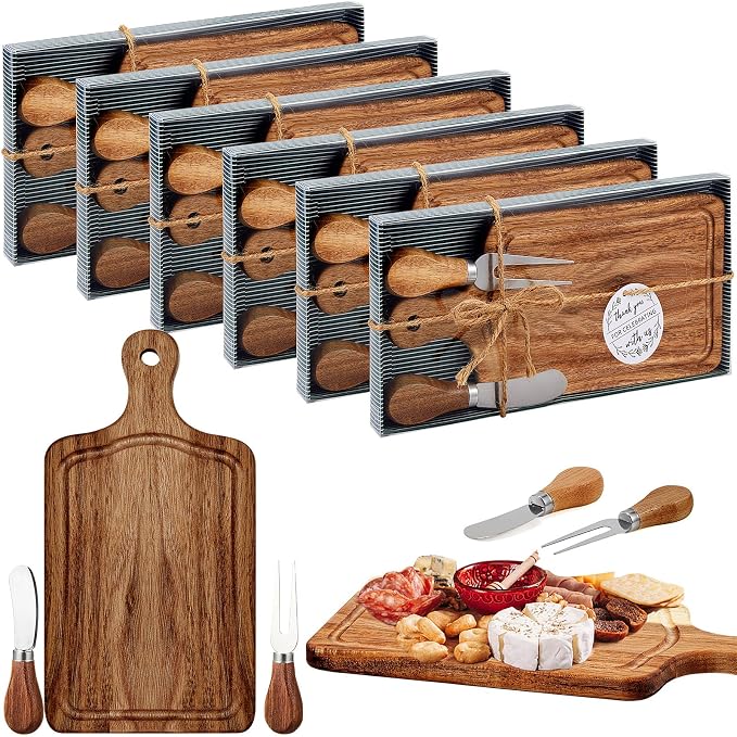 6 Sets Bridal Shower Favor Prizes Charcuterie Board,Acacia Color | Acacia Wood Cheese Board with Knife Fork Thank You Tag, Gift Box for Guests, Valentines Wedding Baby Shower Party Favors