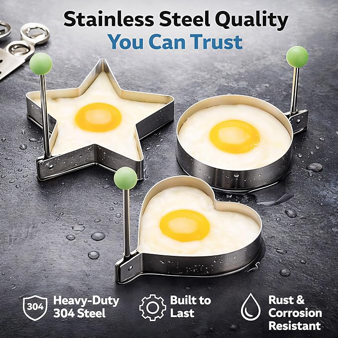 Pancake & Egg Mold Set – 5 Stainless Steel Shapes for Kids Breakfast Non‑Stick Egg Rings for Frying Eggs, Omelets & Mini Pancakes Heart, Star, Flower, Circle & Mouse Heat‑Safe, Dishwasher Safe