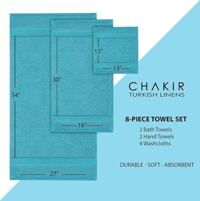 Chakir Turkish Linens Set of 8 Towel Set, 100% Cotton Luxury Turkish Towels for Bathroom, Soft Absorbent Bath Towel Set with 2 Bath Towels 2 Hand Towels 4 Washcloths, Aqua