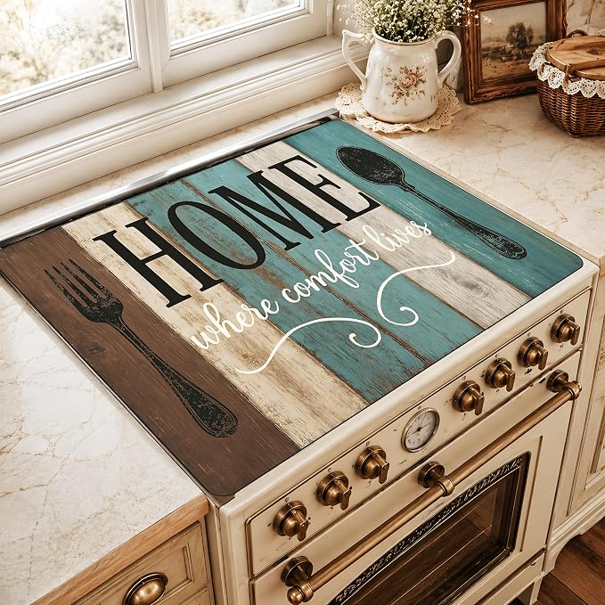 Farmhouse Stove Cover 28.3 x 20.5 Inches, Rustic Kitchen Stove Top Protector, Heat Resistant Non Slip Glass Electric Stove Cover Board, HOME Kitchen Decor Mat (Gray-blue)