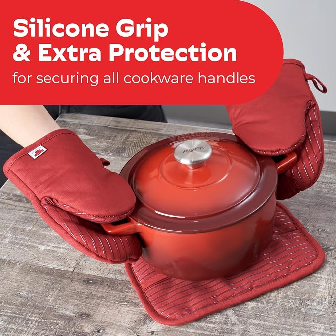 Silicone Mini Oven Mitts - Red Set of 2 - Heat Resistant to 536 F / 280 C Kitchen Gloves Professional Grade Pot Holders for Cooking Baking