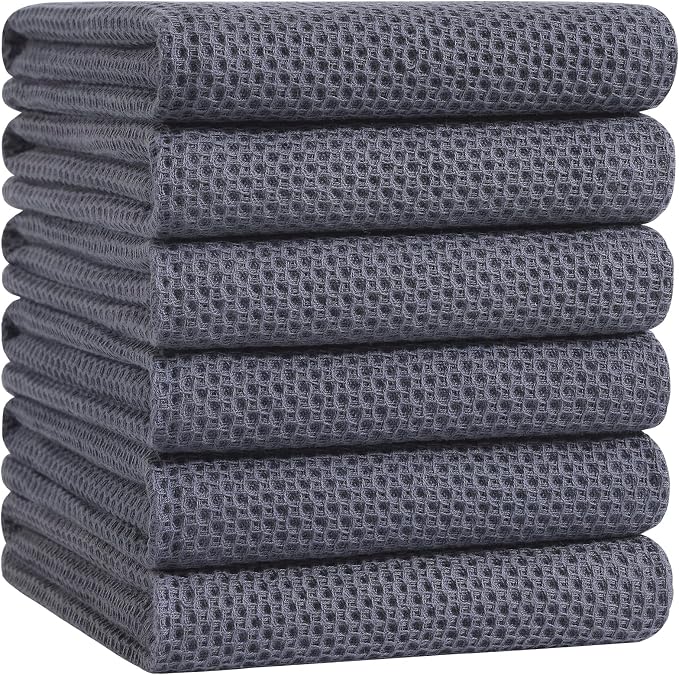 Homaxy 100% Cotton Oversized Waffle Weave Kitchen Towels 6-Pack, Dark Grey | 20 x 28 Inches, Ultra Soft Absorbent Dish Towels, Quick Drying Large Cleaning Towels