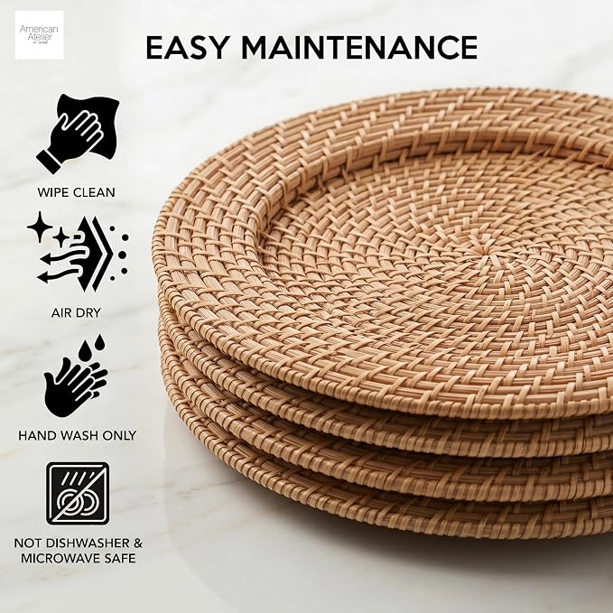 Ch, Charge it by Jay Harvest Round Rattan Charger Plate - Set of 4, brown | Handwoven Natural Rattan With Warm Finish, 13x13in Round Fit For Dinner Plates, Durable Charger Set For Weddings & Banquets