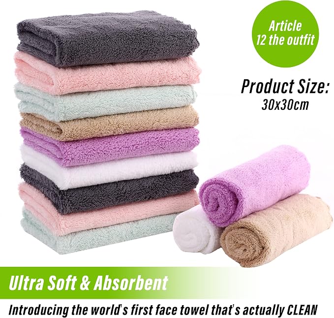 TENSTARS 12 Pack Premium Washcloths Set - Quick Drying- Soft Microfiber Coral Velvet Highly Absorbent Wash Clothes - Multipurpose Use as Bath, Spa, Facial, Fingertip Towel (Multicolored)