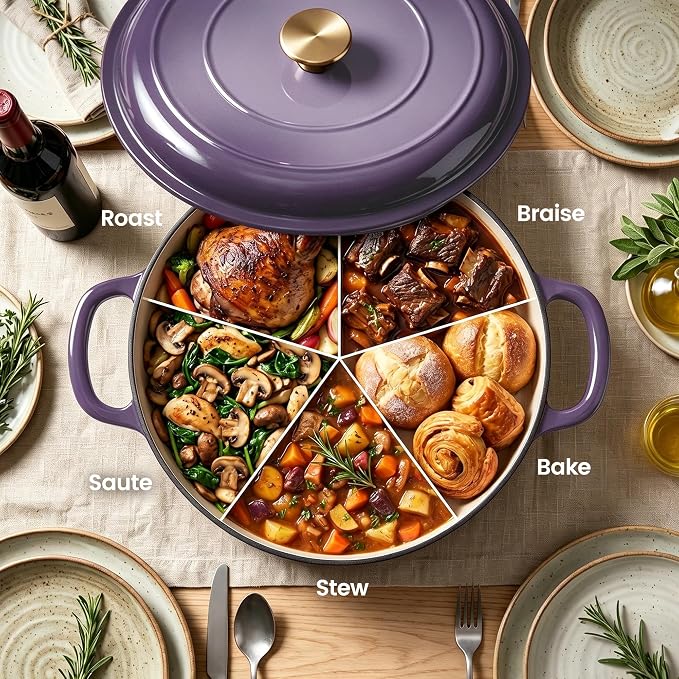 Vintage Style 3 Quart Enameled Cast Iron Braiser, Non Stick Enameled Cast Iron Skillet with Lid, Dutch Oven Skillet with lid up to 500°F for Oven, Stove, Grill, Shallow Dutch Oven for Cook, Bake (Purple)