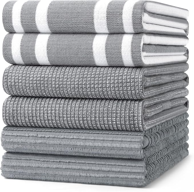 Homaxy Cotton 380 GSM Premium Kitchen Towels, 18"x 28", 6 Pack, Grey | Soft and Absorbent Terry Dish Towels, Multipurpose Tea Towel Set with Hanging Loop, 3 Styles Kitchen Hand Towels