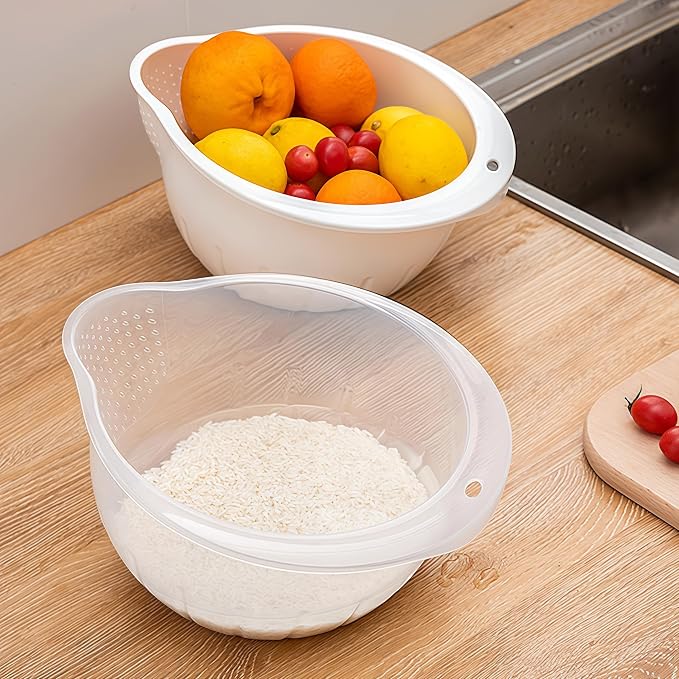 Japanese Rice Strainer Quinoa Washing Bowl Small Grains Washer Cleaner | Plastic Side Drainers Colander for Rinsing Fruits, Vegetables and Beans, BPA-Free