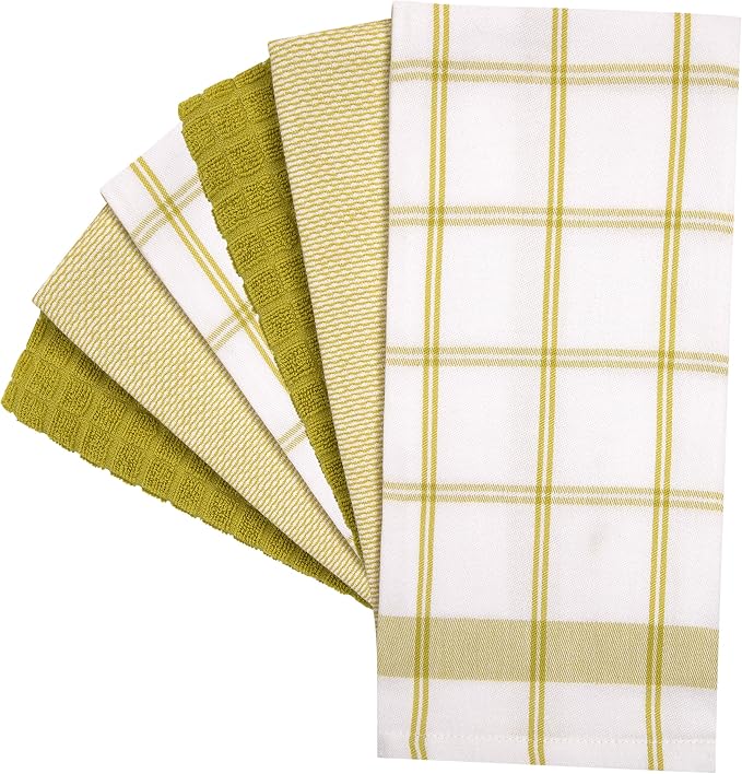 Premium Kitchen Towels 6 Pack 100% Cotton, 20"x28" Dish Towels Lime Check | Large Flat & Terry Kitchen Linen Set with Hanging Loops, Highly Absorbent for Washing and Drying Dishes