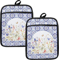Colorful Wildflowers Floral Oven Mitts Set, Blue and White Heat Resistant Kitchen Oven Gloves for Baking and Cooking,Pot Holders