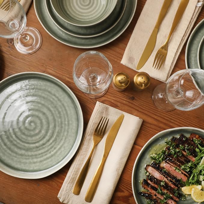 Gibson Elite Eclipse Swirls Plates and Bowls Sets, 12-Piece Stoneware Dinnerware Sets, Reactive Glaze Dish Set - Green