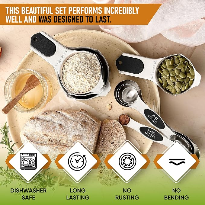 Spring Chef Magnetic Measuring Cups & Spoons Set of 9, Patented, Black | Stackable Stainless Steel Measuring Cups & Heavy Duty Metal Measuring Spoons with Levelers for Dry & Liquid Ingredients